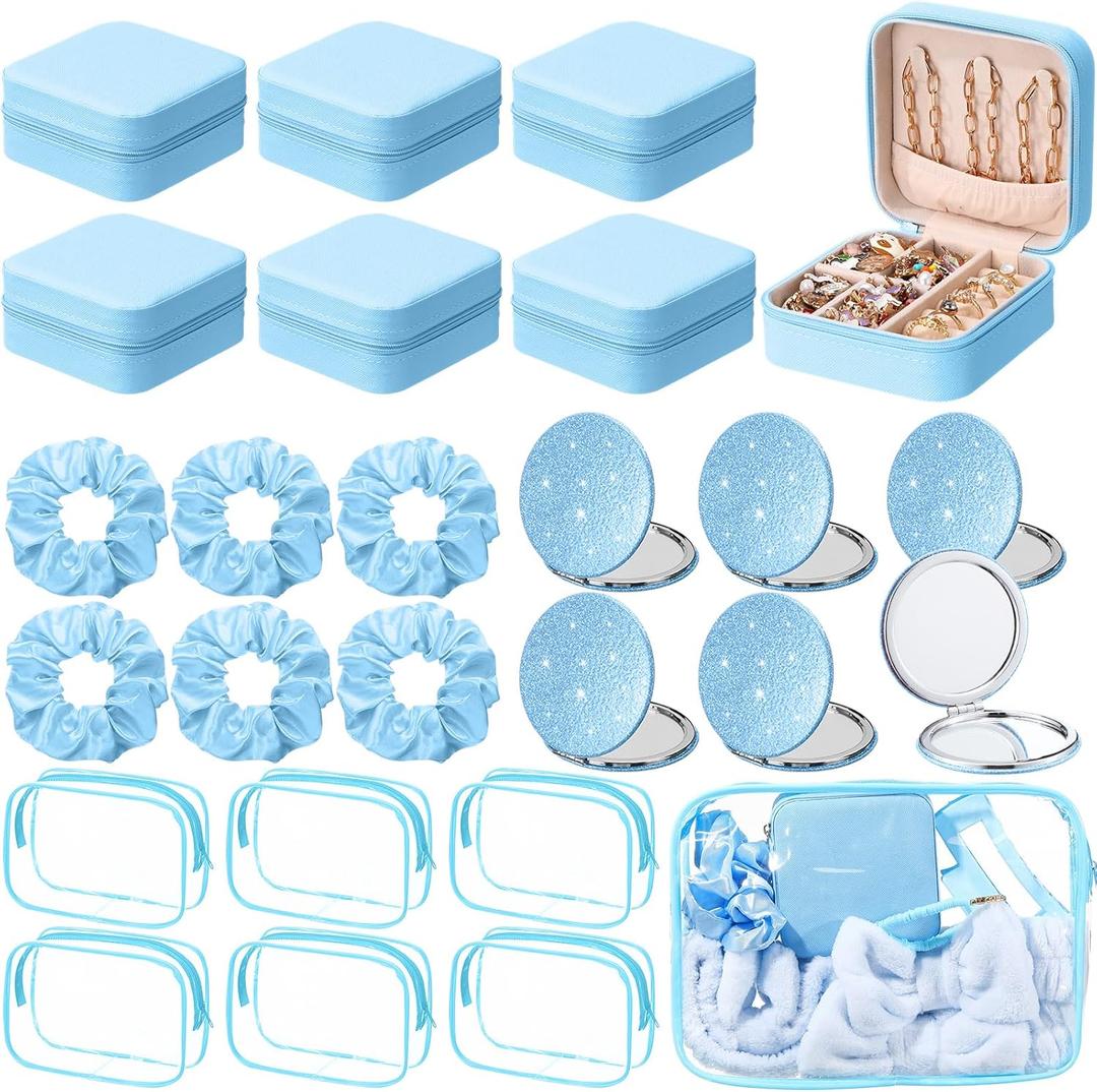 Yalikop 24 Pcs Spa Party Favor 6 Jewelry Boxes 6 Scrunchies 6 Glitter Mirrors 6 Bag Gift for Mother's Day Bridal Bachelorette Party (Blue)