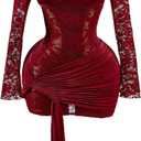 GORGLITTER Women's Lace Mini Dress Sheer Mesh Ruched Long Sleeve Bodycon Formal Night Out Birthday Party Sexy Dresses, Size M