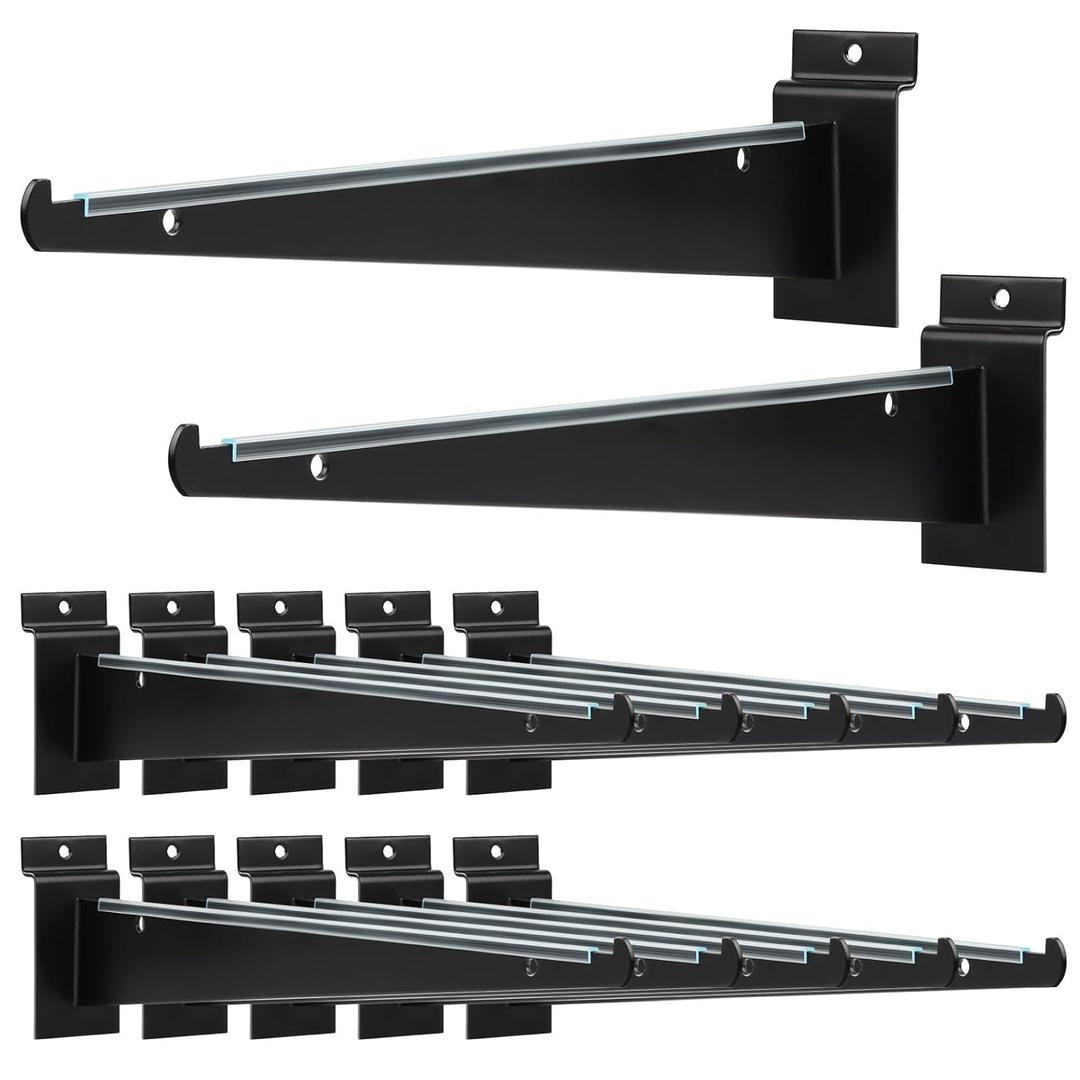 MUZIK 12PCS Slatwall Shelf Bracket, 12" Black Metal Slat Wall Shelf Brackets, Heavy Duty Shelf Slatwall Accessories for Garage Slat Panels Shelving Display, Black 