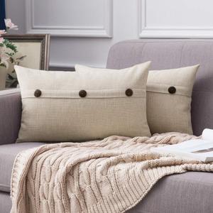 MIULEE Set of 2 Decorative Linen Throw Pillow Covers Cushion Case Triple Button Vintage Farmhouse Pillowcase for Couch Sofa Bed 12 x 20 Inch 30 x 50 cm Beige