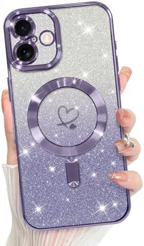 Bonoma Compatible with iPhone 16 Plus Case Support for MagSafe, Plating Heart Glitter Magnetic 2* Screen Protector TPU Camera Protection Back Cover for Girls Women -Purple