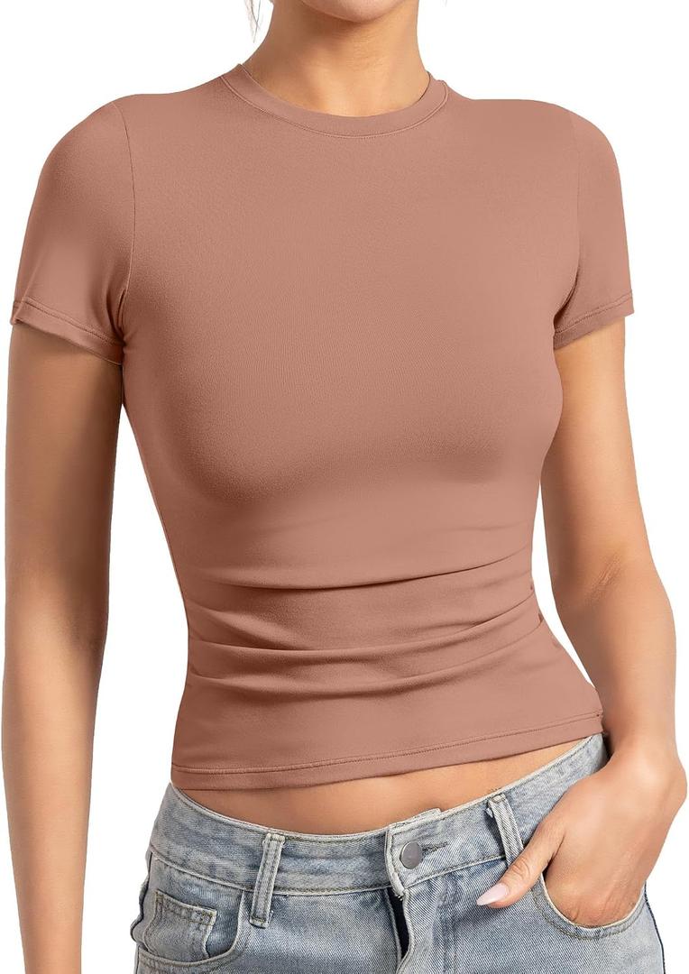 Womens Basic Non See ThroughT Shirts Crew Neck Crop Tops Double Lined Short Sleeve for Workout Compression Tee Y2K (XS)