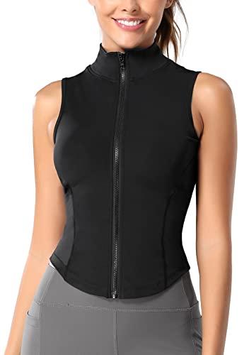FEOYA Women's Full Zip Vest, Slim Fit Athletic Tank Top, Lightweight Running Yoga Workout Gym Shirt, Black