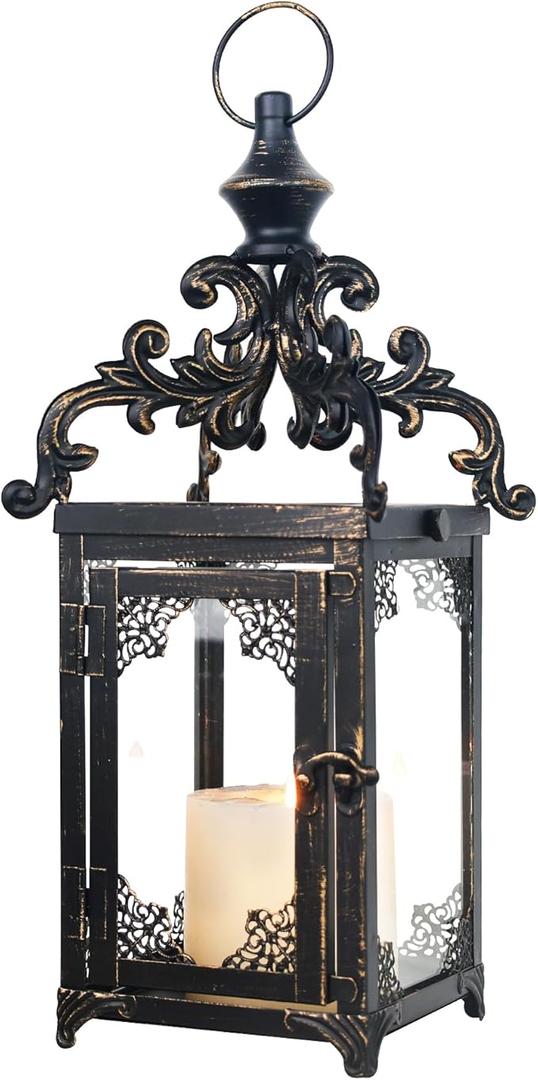 DECORKEY Candle Lantern Decorative Indoor & Outdoor, Large Vintage Metal Hanging/Tabletop Lanterns for Patio, Front Porch, Rustic Home Decor, Candle Holders for Christmas Decorations (Bronze)