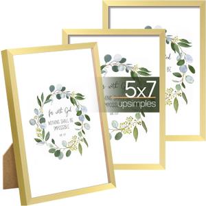 upsimples 5x7 Picture Frame Set of 3, Made of High Definition Glass for 5 x 7 Gold Frames, Wall and Tabletop Display Thin Border Photo Frame for Home Décor