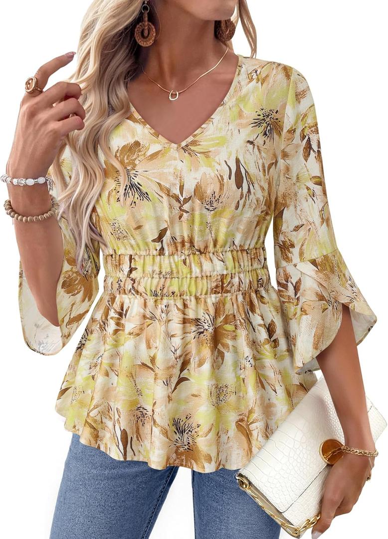 Timeson Women's 3/4 Sleeve Tops Dressy Casual V Neck Floral Blouses Elastic Waist Fall Shirts (Yellow, XL)