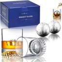 Whiskey Glasses,2 Old Fashioned Glasses Set with 2 XXL Stainless Steel Ice Balls,10oz Whiskey Rocks Glasses Gift for Men,Bourbon Tumbler for Scotch Whisky Cognac,Rock Barware at Bar Home