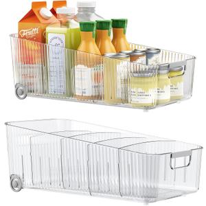 Pull Out Fridge Organizer Bins with Wheels, 8 Dividers, 2-Pack | Clear PET storage bins with handles, rear wheels and adjustable dividers for refrigerator, pantry and cabinet shelves, 15 x 8.6 x 5.63 inches