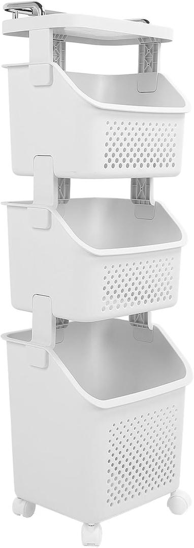 3 Tier Laundry Basket Organizer with Wheels, Tiered Laundry Basket Organizer, with Portable Storage Baskets, for Kitchen Bathroom Bedroom Laundry Room, 13.4" x 11.4" x 41.3"