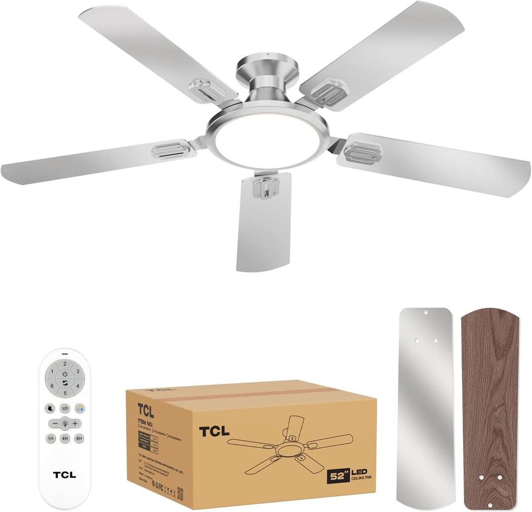 TCL 52" Low Profile Ceiling Fan with Light, Slim, Silver, Flush Mount, DC Reversible Motor, 6 Speeds, Remote Control, Noiseless, Dimmable, LED Light, 3CCT, Modern Ceiling Fan for Bedroom Living Room