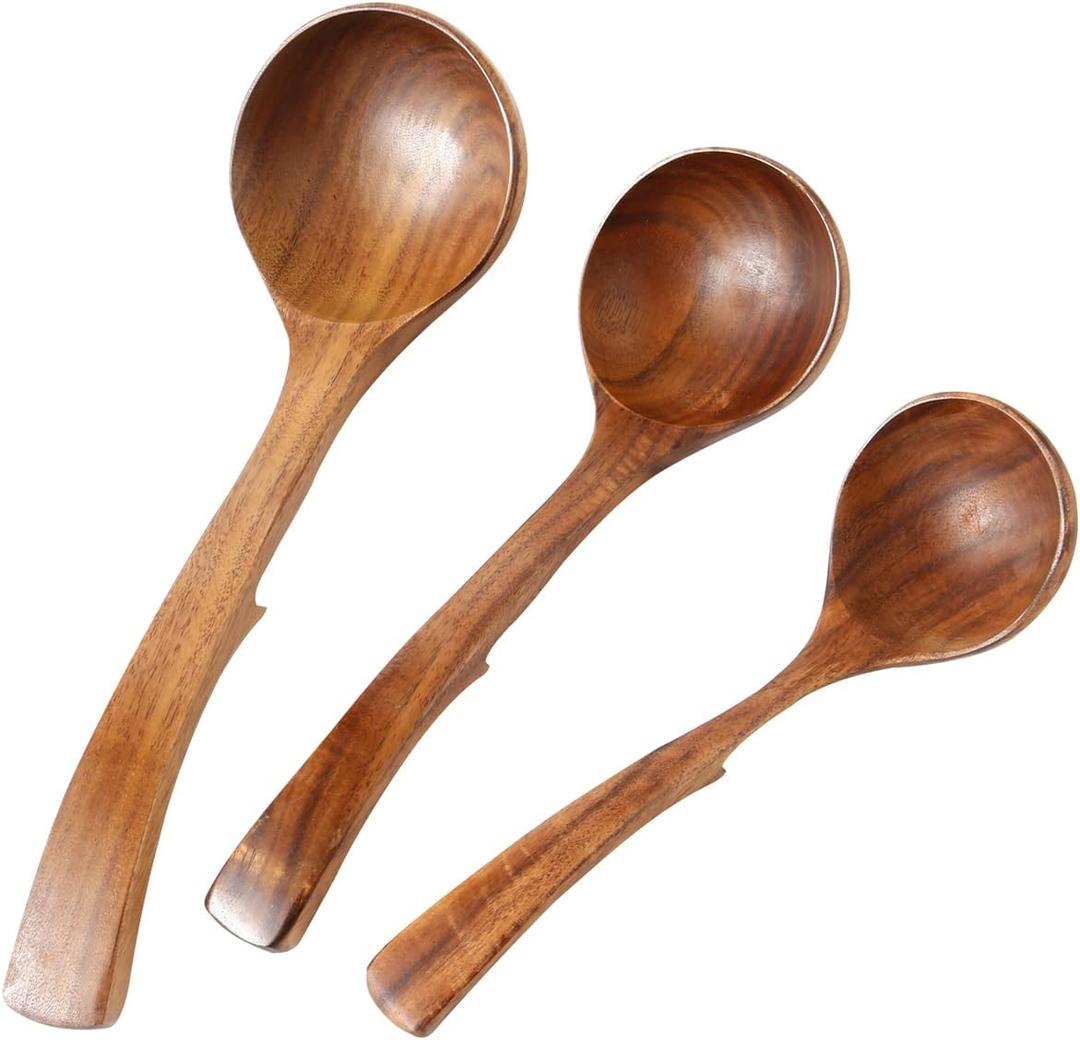 3-Piece Teak Wooden Spoon Set for Cooking & Serving - Non-Scratch, Heat-Resistant Utensils with Hanging Hooks - Stirring Spatulas for Non-Stick Pans, Bowls & Pots