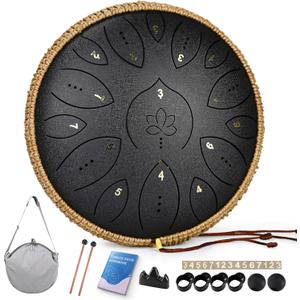 Steel Tongue Drum 13 Inches 15 Notes, Hand Pan Drums for Adults 440hz, C Major Handpan Musical Instrument with Song Book, Mallets and Carry Bag, Black