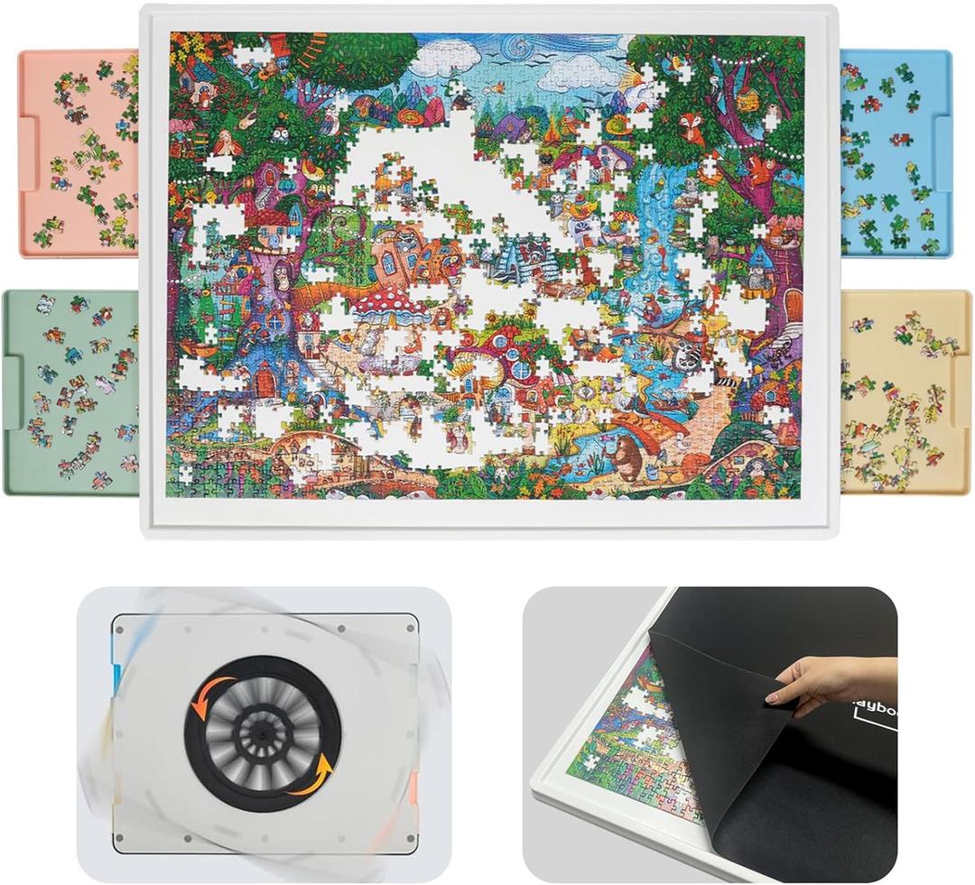 WELGEE 1500 Piece Rotating Puzzle Board with 4-Color Drawers & Cover, 35"x27" Spinning Jigsaw Puzzle Table for Adults, Upgraded Lazy Susan, Lightweight ABS Plastic, Perfect for Puzzle Lovers & Moms