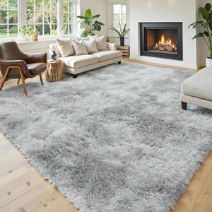 Area Rugs 9x12 Living Room, Large Area Rug Shag Shaggy Carpet Soft Plush Furry Bedside Rug, Machine Washable Area Rugs for Bedroom Kids Girls Boys Anti Slip(9 x 12, Light Grey Tie-Dyed)