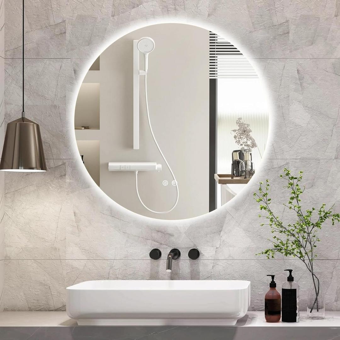 28 Inch Round LED Bathroom Mirror Backlit Anti-Fog Wall Mounted Lighted Bathroom Vanity Mirror 3 Colors Light Dimmable Smart Makeup Mirror with Touch Switch
