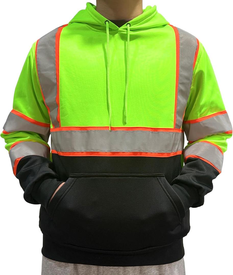 High Vis Safety Hoodie, Class 3 Reflective Hoodie for Construction, Pullover Hi Vis Sweatshirt with Black Bottom Yellow L