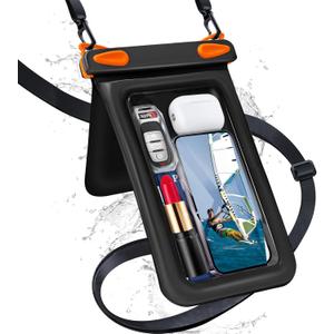 Waterproof Phone Pouch Double Pocket, Floating IPX8 8.5 inch Waterproof Phone Case for Beach Vacation Essentials for Compatible IPhone16 15 14 Pro Max Galaxy S25 S24 Waterproof Dry Bag (Black Orange)
