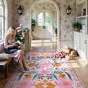 Pink Rug Washable Area Rugs 8x10, Floral Boho Soft Bedroom Rug Non-Slip Ultra-Thin 8x10 Living Room Carpet, Vintage Farmhouse Carpet for Nursery Dorm Room Decor for Teen Girls (8x10ft, Pink)