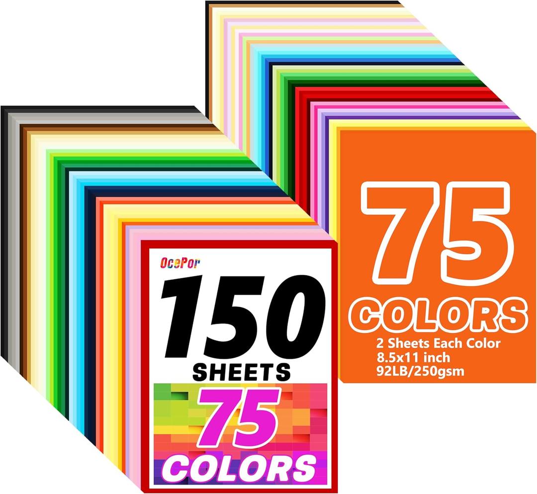 OcePor 150 Sheets Colored Cardstock 75 Colors, 8.5x11 Color Cardstock Bulk, 250gsm/92lb Assorted Colors Construction Paper for Printing, Card Making, Die Cutting, Crafts, Scrapbooking, Party