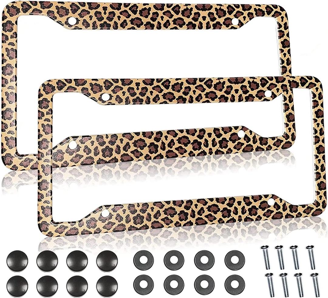 Leopard Cheetah Print License Plate Frames Covers Holder Brown Leopard Print Car Tag Frame Covers Holder Aluminum Metal 4 Holes 2 Pcs Set Decorative for Women Vehicles