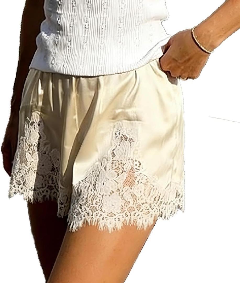 Women Silk Lace Shorts Satin Elastic Waist Lace Trim Mini Shorts Silk Patchwork Lounge Pettipants Slip Bottoms (Beige, S)