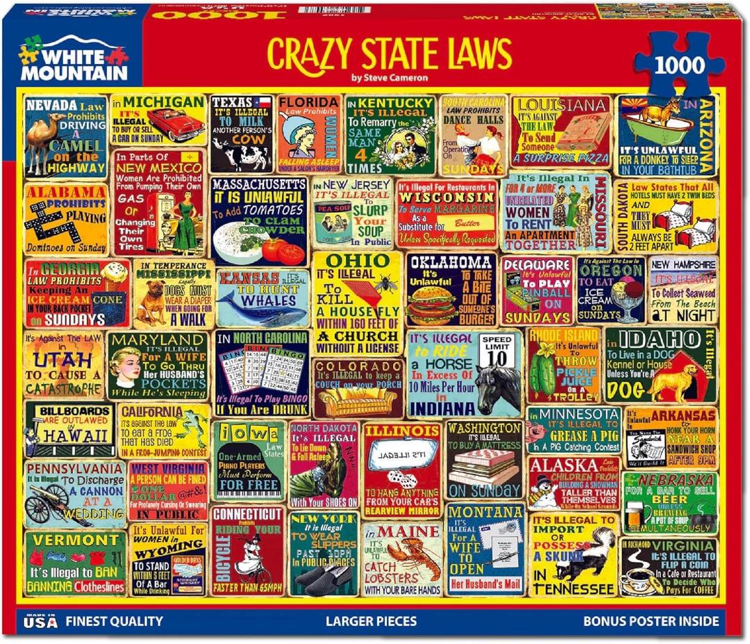 White Mountain 1000 Piece Jigsaw Puzzle Funny Rules, Crazy State Laws Large Pieces, Gift for Adults and Family, 24"x30" in, Collage