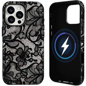 for iPhone 16 Pro Case [Compatible with Magsafe] Lace Phone Case Vintage Floral Flower Dual-Layer Protective Shockproof Magnetic Cover for Women Girls - Black