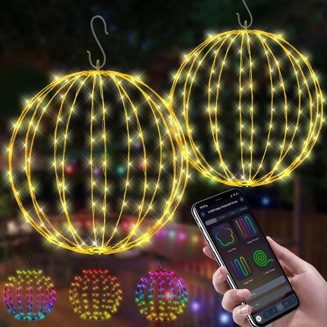 2 Pack 12" Hanging Lights Ball Christmas Outdoor Decorations, Christmas Spheres Lights App Control,Color Changing, Folable USB Globe Fairy Light for Indoor Porch Tree Decor