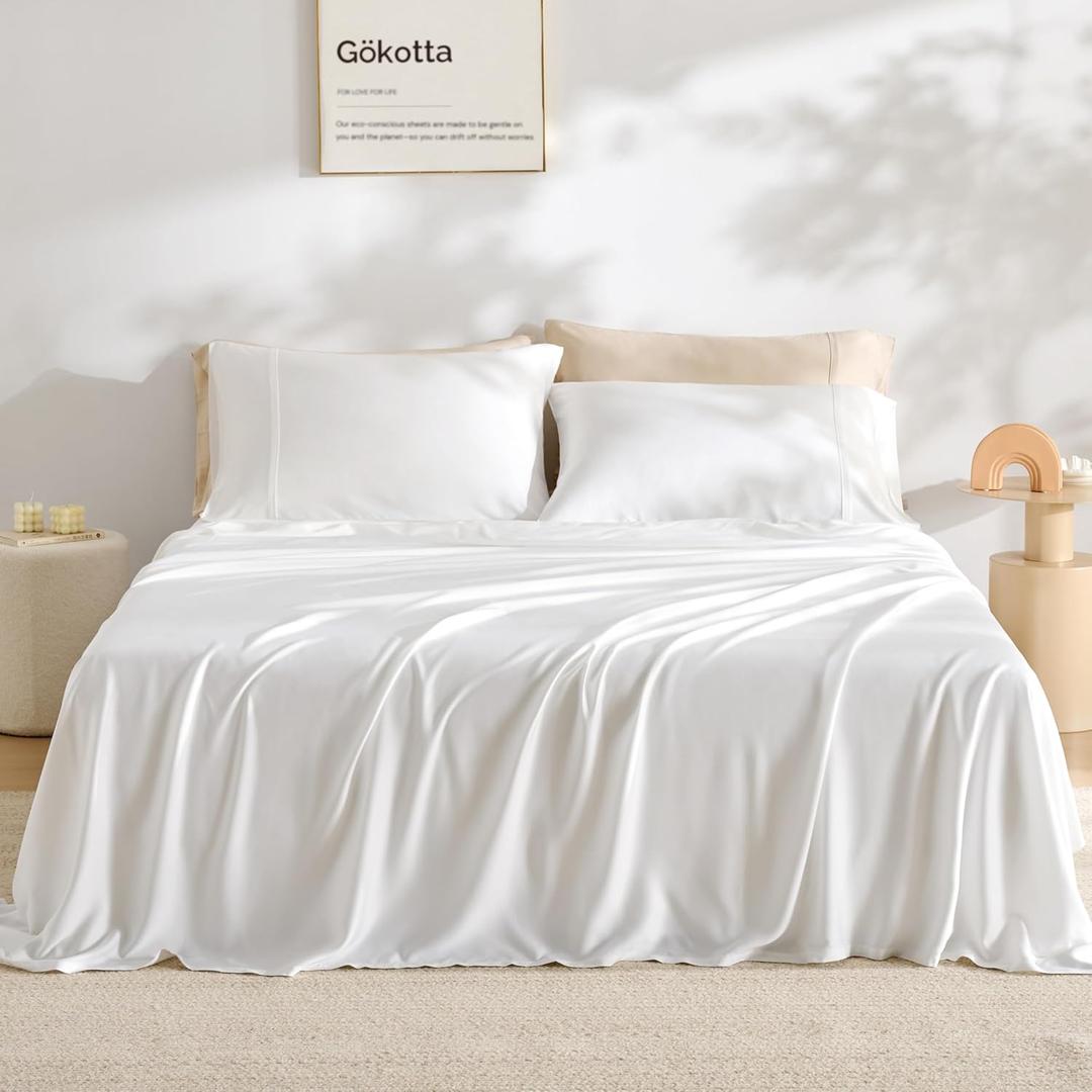 GOKOTTA King Size Bed Sheets 4 Pieces, 100% FSC Certified Rayon Derived from Bamboo, Cooling Sheets for Hot Sleepers-Luxury & Silky Soft Sheets,Deep Pocket 16" Fitted Sheet with Elastic Corner Straps