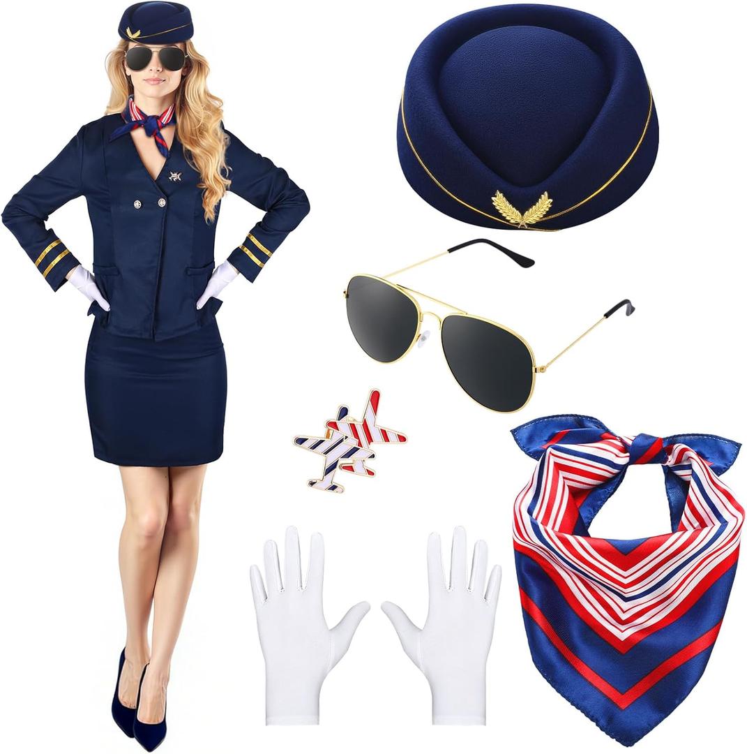 Xtinmee 7 Pcs Halloween Flight Attendant Costume Women's Pilot Captain Cosplay Accessories Pilot Hat Role Outfits (Medium, Navy)