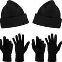 2-Sets Beanies & Touch Screen Gloves, Soft Thick Winter Thermal Plush Toboggan Skull Cap Men Women