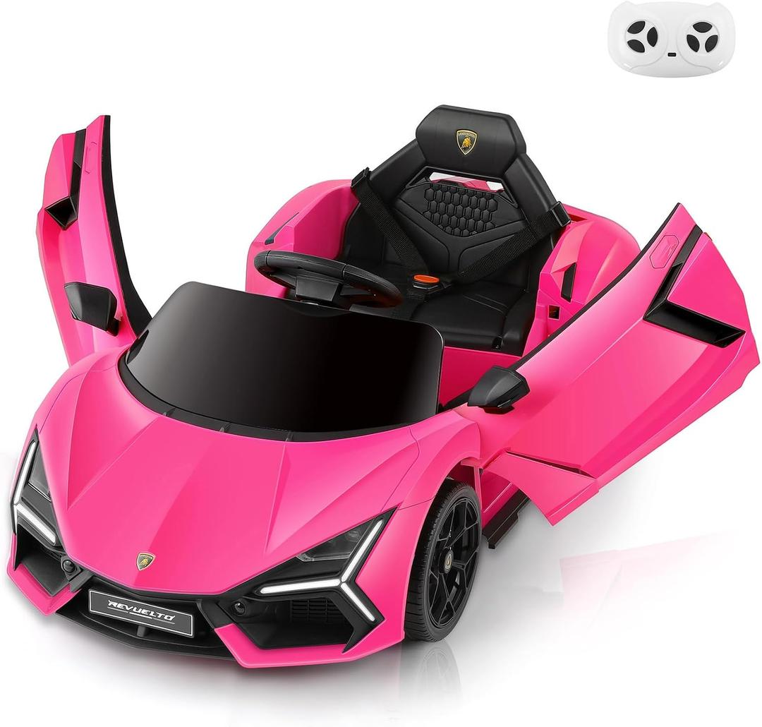 ELEMARA Licensed Lamborghini Car for Kids to Drive with Scissor Door,Toddler Ride on Toys with Remote Control,12V Battery Car for Kid with Bluetooth,MP3 Player,LED Light and Wide Seat, Hot Pink, 45.1 inches x 25.2 inches x 17.9 inches