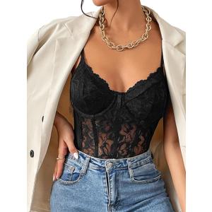 COZYEASE Women's Lace Bustier Cami Bodysuit Plain Sleeveless Slim Fit Sheer Mesh Corset Top Romper (Black, XS)