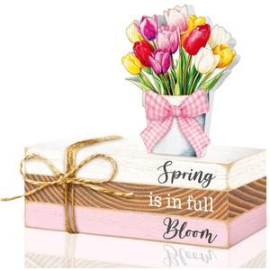 Ferraycle 4 Pcs Spring Table Decor Tulip Wooden Sign Spring Farmhouse Wooden Block Decorative Floral Book Tiered Tray Easter Decor Rustic Decoration for Bookshelf Fireplace Desk Living Room(Classic)