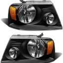 2004-2008 F150 Pickup Headlight Assembly for 04-08 Ford F150 / 06-08 Lincoln Mark LT Clear Lens Black Housing with Amber Reflector Headlamp Replacement Left and Right（W/O Bulbs）