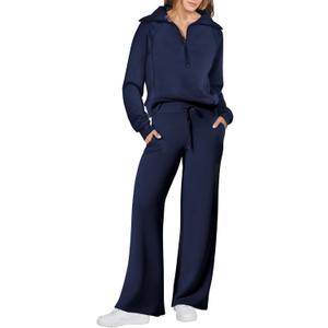 ANRABESS Women 2 Piece Outfits Sweatsuit Oversized Sweatshirt Sweatpants Tracksuit Sweat Lounge Matching Set 2025 Fall Trendy (Small, Navy Blue)