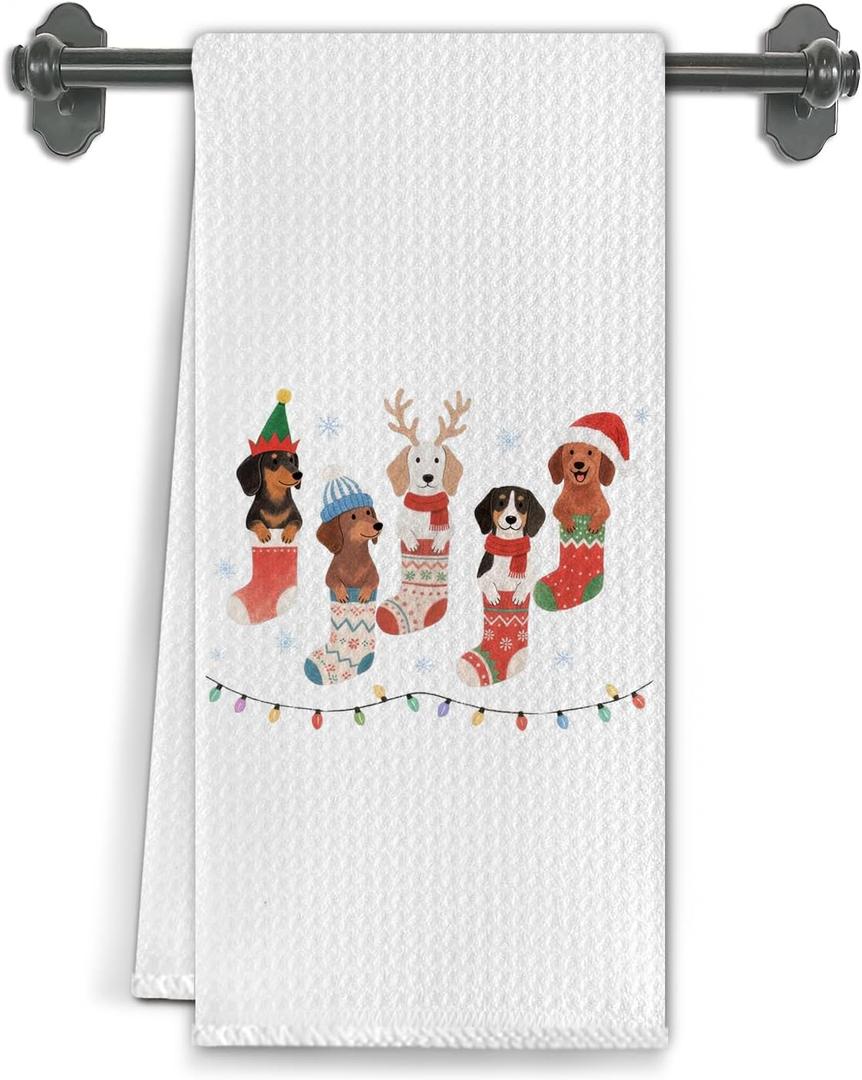 Funny Christmas Dog Kitchen Towels, Dog Lover Mom Dad Owner Gifts Dish Tea Towels for Kitchen Decor, Winter Holiday Xmas Puppy Decorative Hand Towel for Bathroom, 16x24 Inch