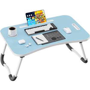Folding Lap Desk, 23.6 Inch Wood Laptop Bed Desk with Cup Holder, Portable Bed Table for Working Writing Reading & Eating for Bed, Sofa, Couch, Floor - Blue