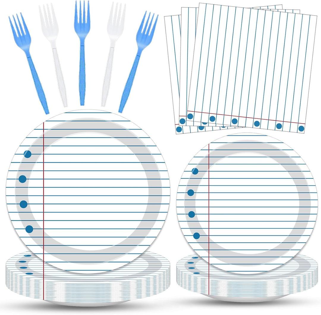 Back to School Party Supplies - Serves 25, Notebook Lined Paper Disposable Tableware, Includes Paper Plates, Napkins, and Plastic Forks for Kids’ Birthday, Classroom, Teacher Themed Decoration