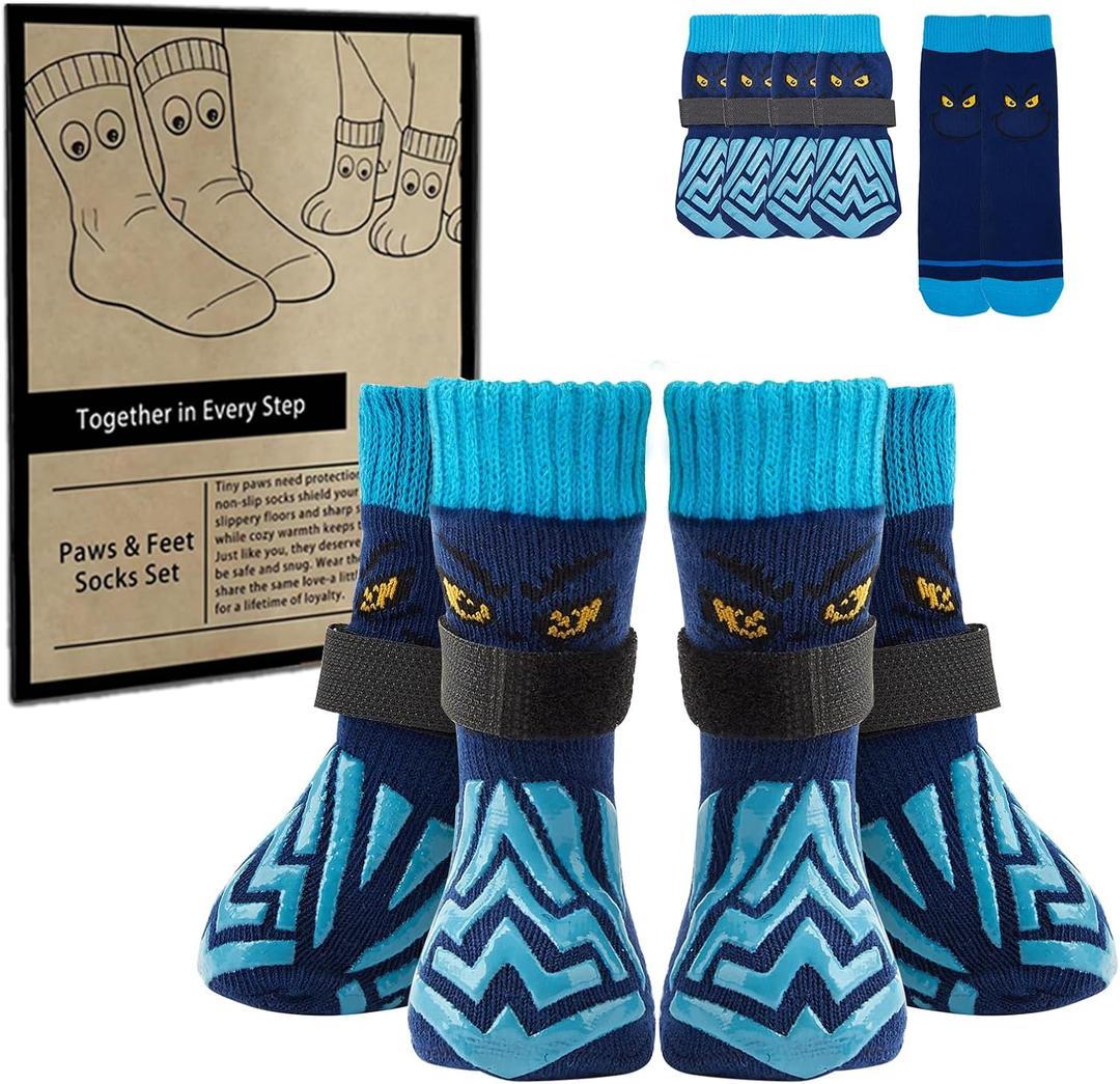 2 x Non-Slip Dog Socks & Owner Sock Set- Extra-Grip, Paw Protection for Senior & Active Dogs(Blue,2XL)