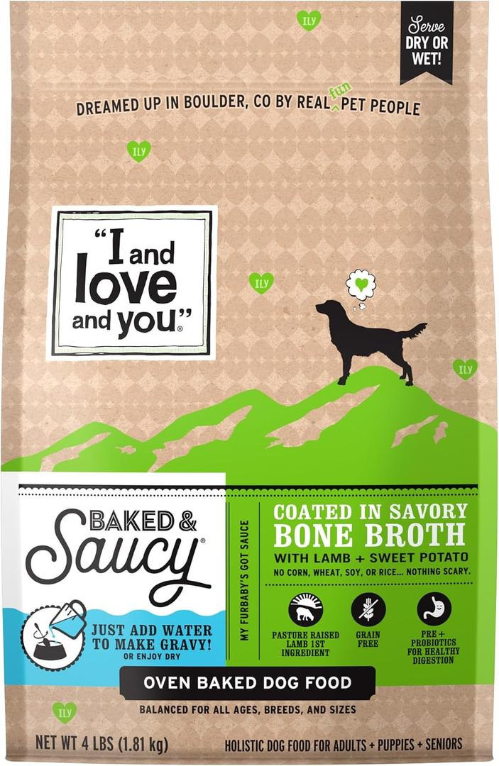 I AND LOVE AND YOU Baked and Saucy Dry Dog Food - Lamb + Sweet Potato - Prebiotic + Probiotic, Real Meat, Grain Free, No Fillers, 4lb Bag (EXP 08/11/26)