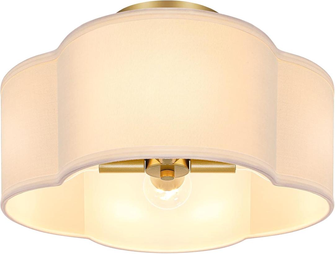 4-Light 14.4'' Semi Flush Mount Ceiling Light Fixture, Gold Modern Close to Ceiling Lamp with White Fabric Shade, Farmhouse Bright Lighting Brass Finish for Nursery Kids Room Bedroom Hallway Entryway