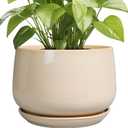 G EPGardening Ceramic Plant Pots - 9 Inch Round Planter, Ceramic Flower Pots with Drainage and Saucer, Modern Indoor Outdoor Planter, Room Decor, Home Gifts, Beige