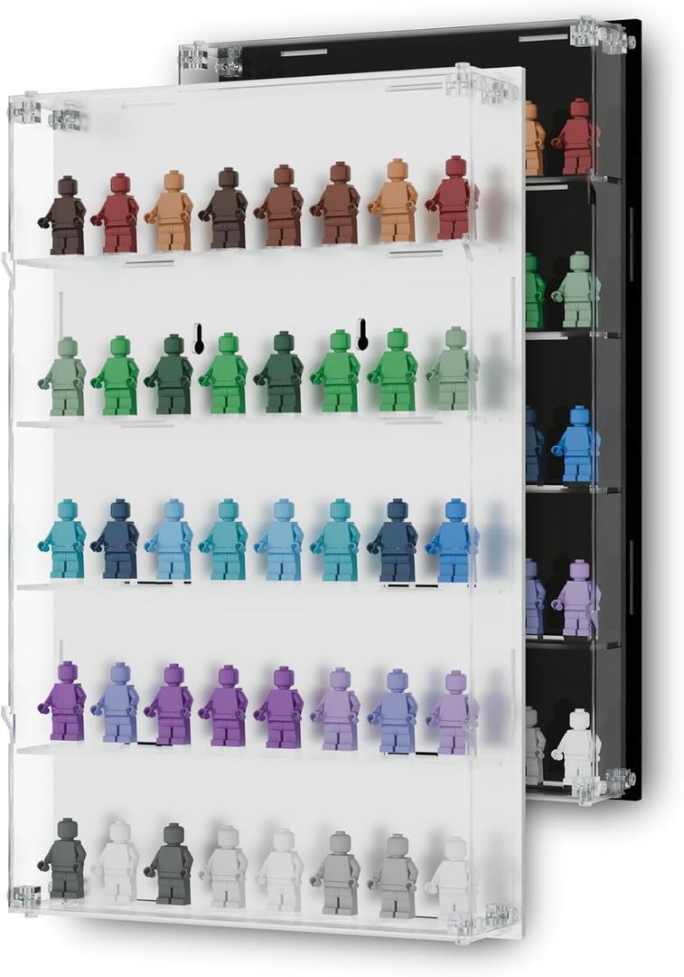Acrylic Minifigure Display Case - Wall Mount Mini Figure Storage Shelves with White Background - Holds 40 Tall Minifigs - Clear Shelf Box for Large Minifigures - Stands & Extra Accessories