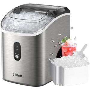 Nugget Ice Maker Countertop, Silonn Chewable Pellet Ice Machine with Self Cleaning Function, Pebble Portable Ice Maker with Ice Scoop for Home Kitchen Office, Stainless Steel