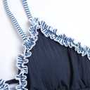 ZAFUL Tankini Swimsuits for Women Smocked Ruffles Tie Front Bowknot Textured High Cut Tanga Tankini Set (Blue, XL)