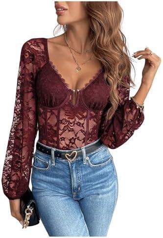 Milumia Women's Floral Lace Bishop Long Sleeve Bodysuit Sexy Sweetheart Neck Sheer Tops, L