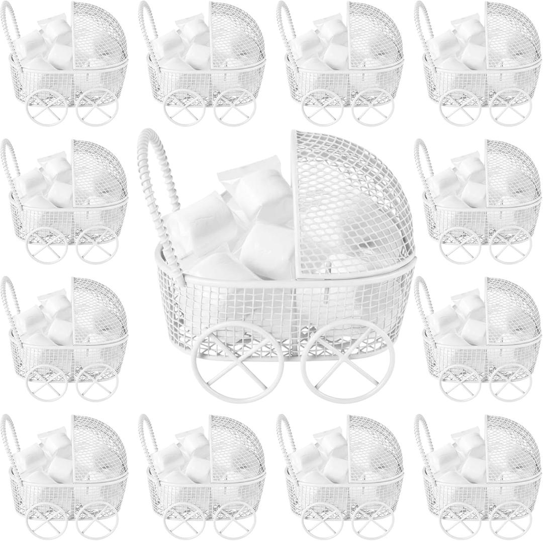 12 Pcs Baby Shower Mini Carriage Decoration White Goose Color Metal Wired Fillable Candy Stroller Baby Shower Table Centerpiece for Guest Gender Reveal Wedding Party Favor Gift
