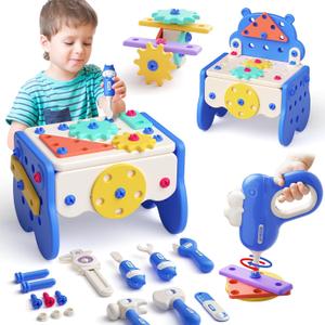 burgkidz Kids Tool Set, 66PCS Toddler Tool Set with Electronic Drill and Screw Toys, Montessori Educational Tools for Kids, Pretend Kids Tool Box Birthday for Boys Girl Age 3 4 5 6 7 8 (Blue)