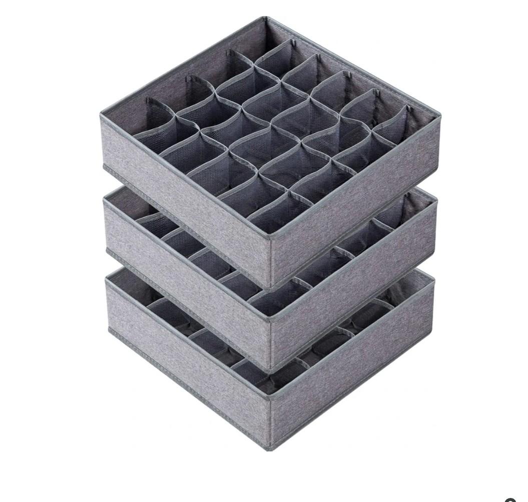 Criusia 3 Pack Sock Underwear Drawer Organizer Dividers, 64 Cell Fabric Foldable Dresser Organizer for Closet Organizers and Storage Boxes for Organizing Socks, Underwear, Ties (16+24+24 Cell, Gray)